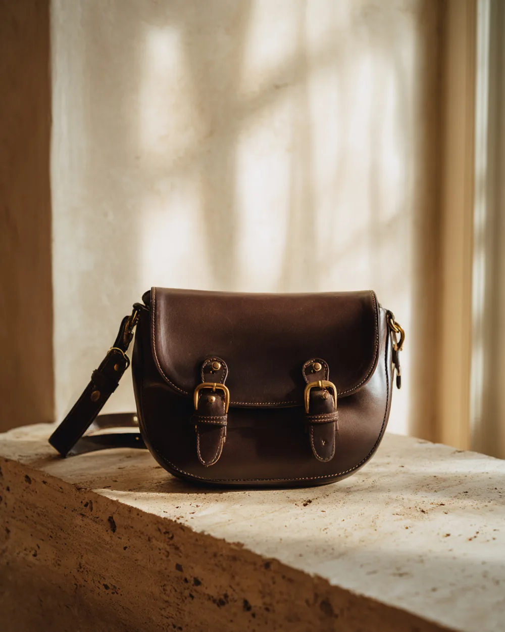 The Bianca crossbody shoulder bag in dark chocolate leather with brass hardware